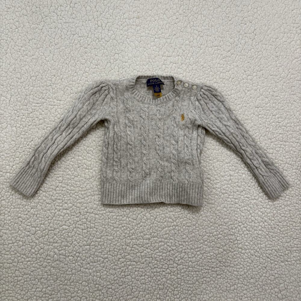 Polo Ralph Lauren Girls Heather Gray Metallic Cable Knit Wool Blend Sweater Sz 5